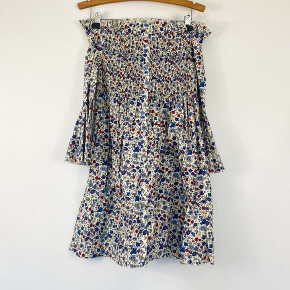 Mango Nest Ruched Detail Blur Red Floral Print Boho  Off-the-Shoulder Mini Dress - Picture 2 of 16